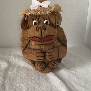 Charming Tan Monkey Figurine with Hat tiki coconut head